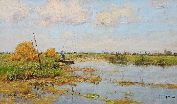 A. J. Zwart (1903-1981) - Impressionistisch zomers landschap in de Weerribben met rietschoven en rietsnijder in een bootje