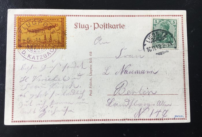 Cesarstwo Niemieckie 1913 - Półoficjalny znaczek poczty lotniczej „Liegnitz” Zeppelin - Michel