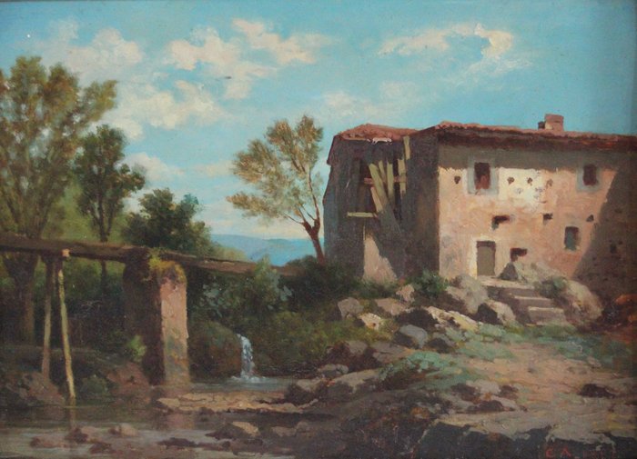 Scuola Italiana (XIX), Monogrammato C.A. - Paesaggio con cascinale