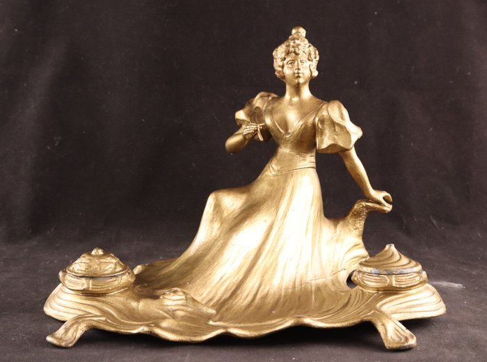Art Nouveau - Skulptur, Inktstel - 29 cm - Goldfarbenes Metall