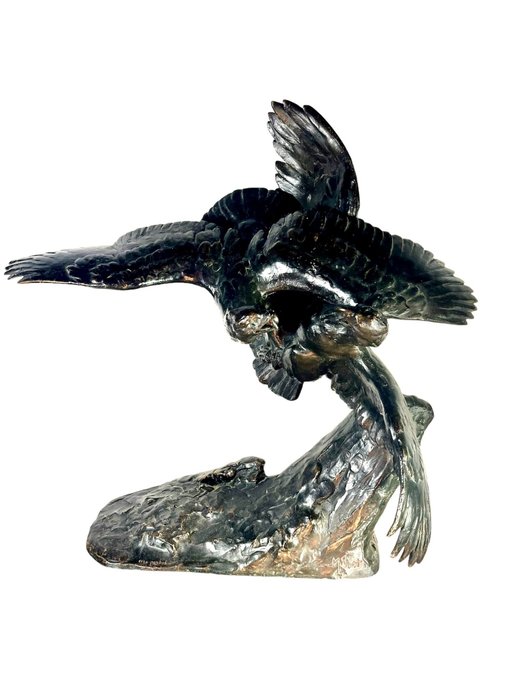 Susse Frères - Maximilien Fiot (1886-1953) - 雕刻, Combat d’aigles - 49 cm - 銅綠青銅