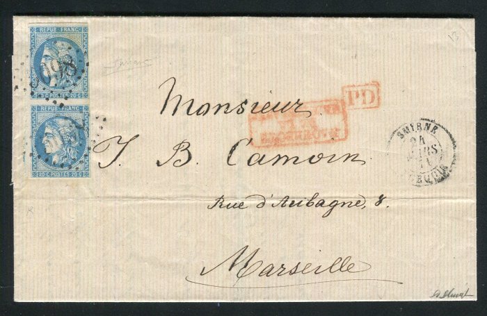 Γαλλία 1871 - Rare lettre de Smyrne pour Marseille ( 1871 ) avec deux n° 46B - Cachet GC 5098