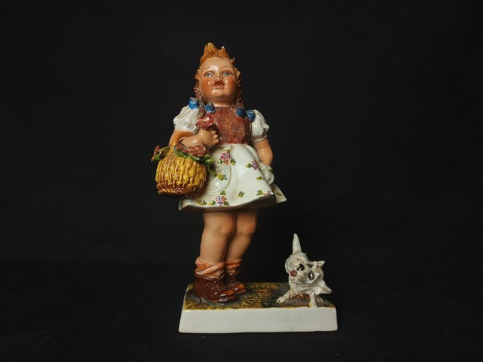 Carlo Mollica - Statuetă, Fille avec jupe flottante et chien - 24 cm - Ceramică - 1965