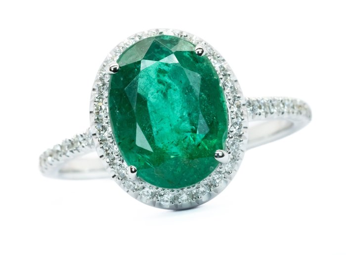 3.16 ct Intense/Vivid Green (Zambian) Emerald & VS Diamonds - Anello - Oro bianco 