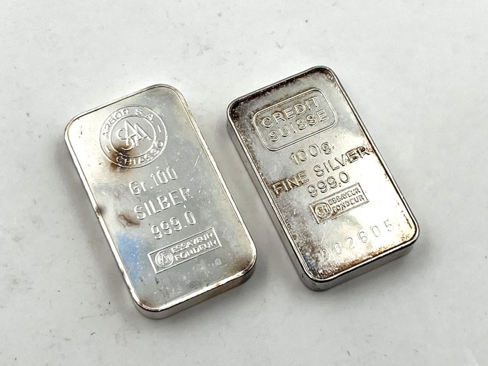 2 x 100 grams - Silber .999 - NO RESERVE - Crédit Suisse & Argor S.A.  (Ohne Mindestpreis)