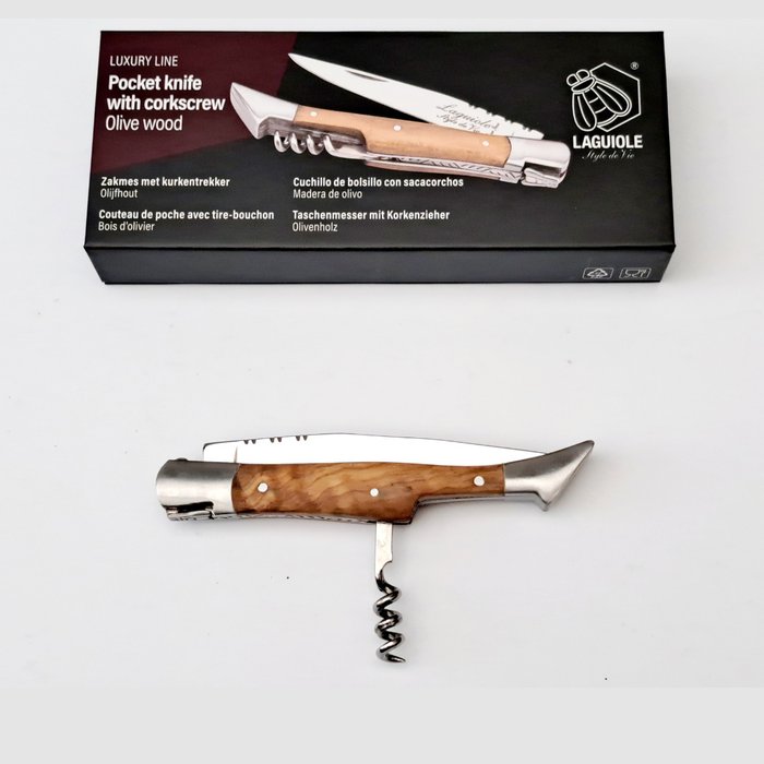 Laguiole - Pocket Knife with Corkscrew - Olive Wood - style de - Korkociąg - Drewno oliwne, Stal (nierdzewna) 