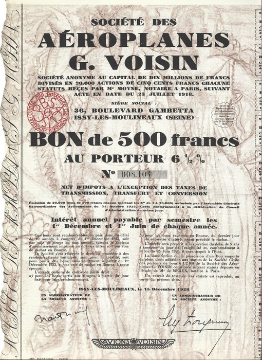 债券或股票收藏 - 航空 - Société des Airplanes G. VOISIN 1928 年的行动 - 26 张优惠券