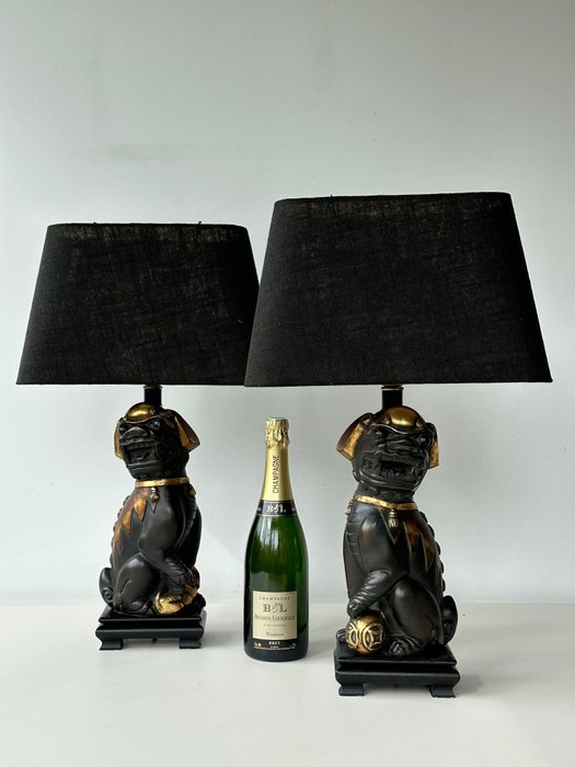 Deknudt - Tischlampe (2) - Bronzene Foo-Hunde - Bronze (vergoldet/ versilbert/ patiniert/ kalt lackiert)