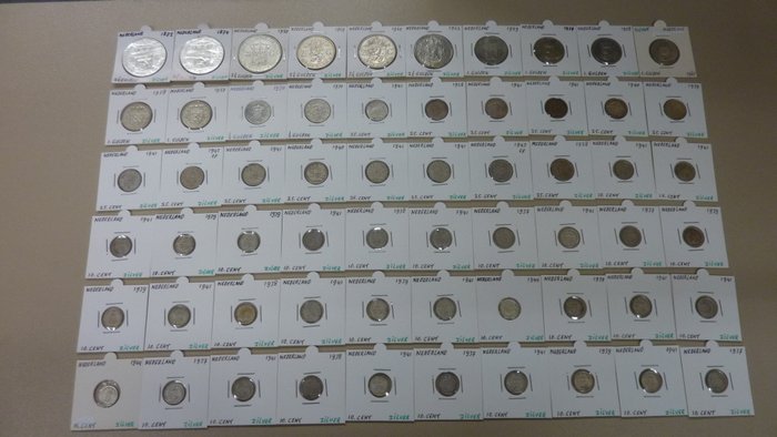 Niederlande. Lot 60 Zilveren munten van 10 Cent tot en met 2½ Gulden (1872/1962).