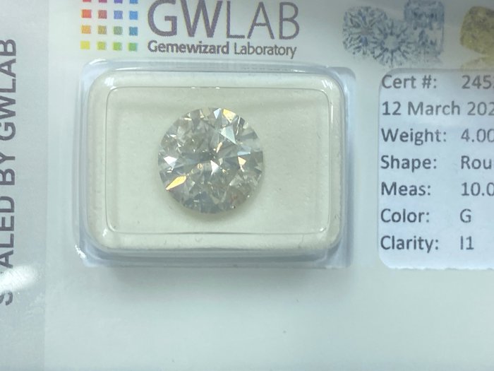 1 pcs 钻石 - 4.00 ct - 圆形 - G - I1 内含一级
