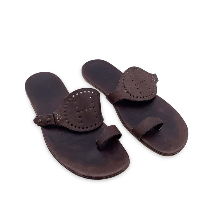 Hermès - Brown Leather Evelyne Flat Sandals Shoes Size 44 - Sandały - Rozmiar: Uniwersalny