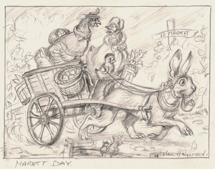 Haywood, Helen - 1 Original preliminary drawing - Animal Stories - Market Day - (jaren 1940)