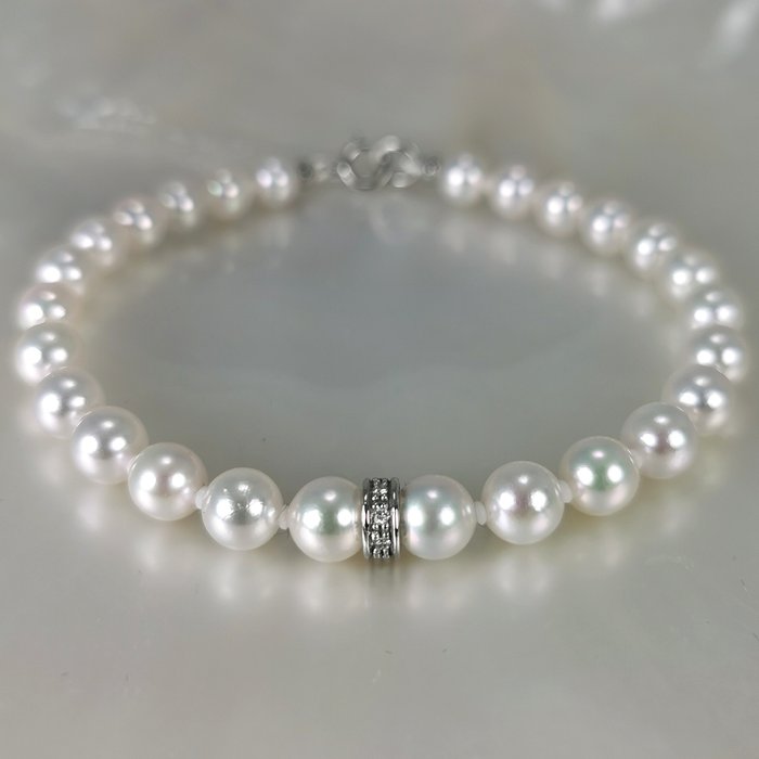 沒有保留價 - Akoya japanese pearls bracelet with diamonds 0.08cts - 手鈪 - 18 克拉 白金 珍珠 - 鉆石 