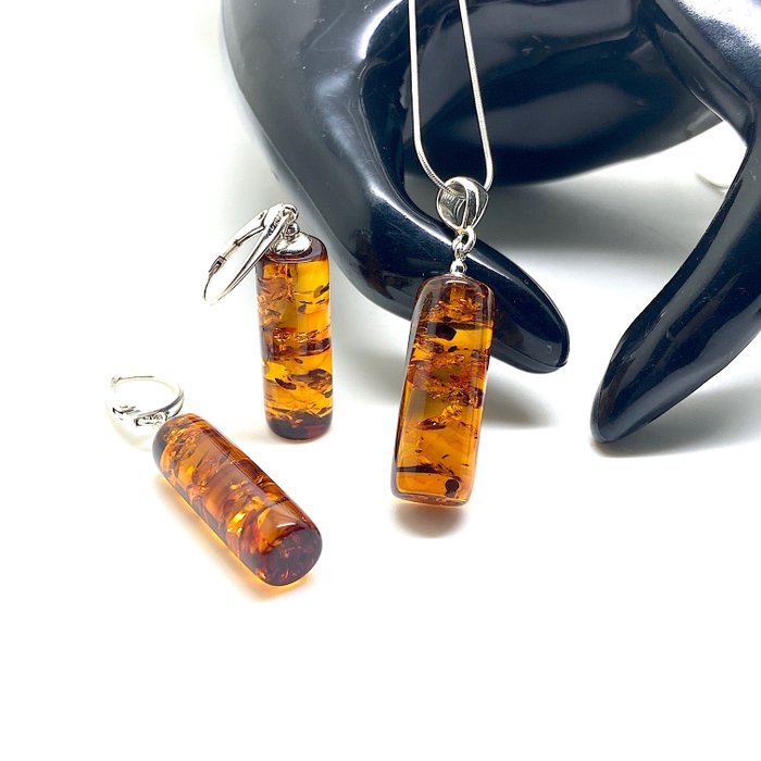 Ægte ravsæt - halskæde & øreringe i sterlingsølv - Rav - Baltic amber - succinite
