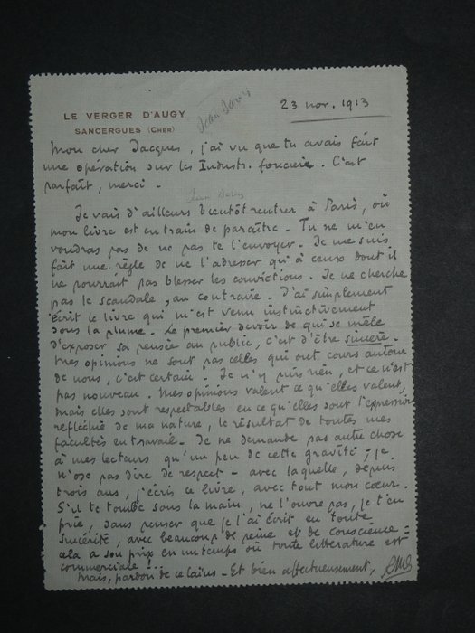 Roger Martin du Gard - Lettre autographe signée - 1913