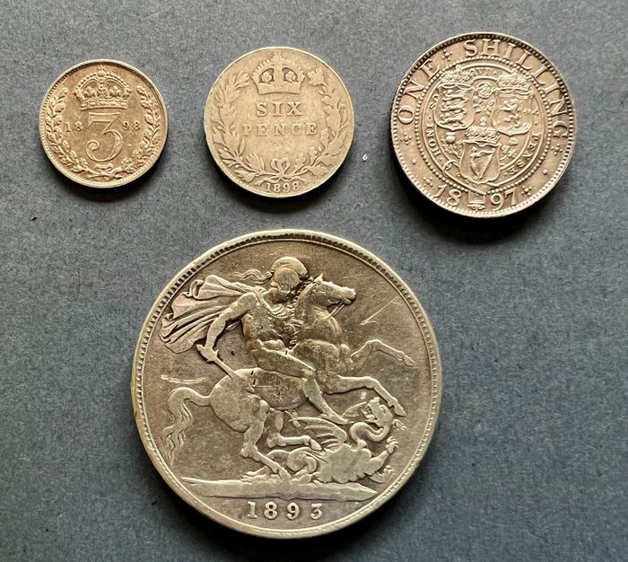 Verenigd Koninkrijk. Victoria (1837-1901). A nice lot of 4x British silver coins: 3p 1898, 6p 1898, shilling 1897 and Crown 1893
