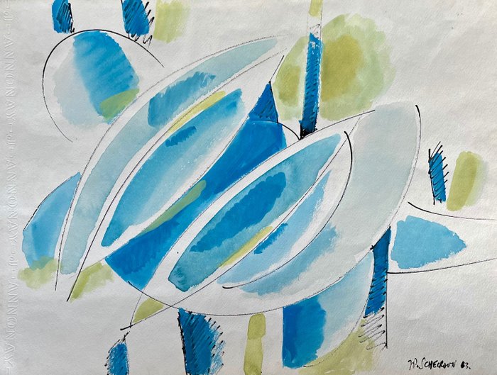 Jean-Pierre Schecroun (1929-1991) - Composition abstraite bleue et verte