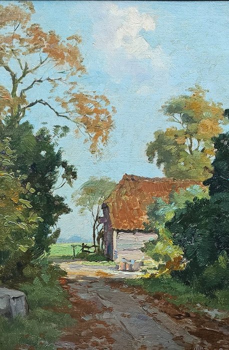 Jan Harm Weijns (1864-1945) - Impressionistisch zomers landschap getiteld "Boerenschuur aan een landweggetje "