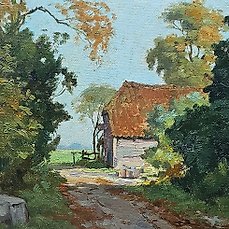 Jan Harm Weijns (1864-1945) – Impressionistisch zomers landschap getiteld “Boerenschuur aan een landweggetje “