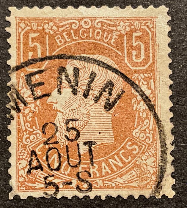 Bélgica 1869 - Leopold II 5 francos OBP 37A - carimbado MENIN (uso RARO) - OBP 37A - Met Certificaat Pierre Kaiser (Williame)