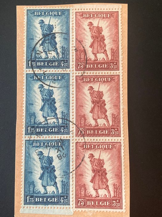 Belgio 1932 - TIMBRO: Serie 'Fanteria' in strisce di 3 su frammento - UNICO INTERO - OBP/COB 351/52 in strips van 3