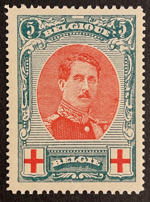 Belgia 1915 - Numero Albert I Punainen Risti 5c rei'itys 12x14 - MNH - Beautiful Centrage - OBP 132A