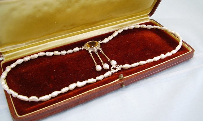 No Reserve Price - Goldschmiede-Arbeit um 1940/50 Necklace - Silver Oval Citrine - Pearl 