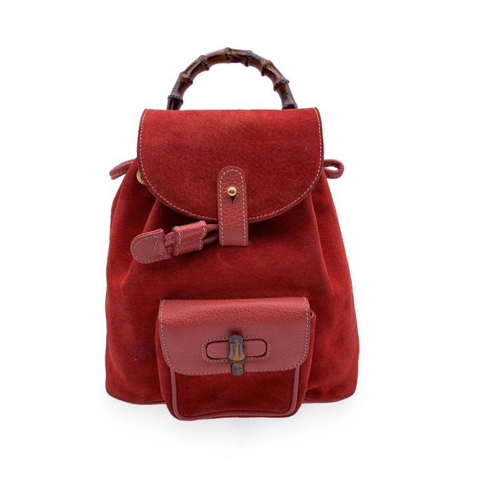 Gucci - Vintage Red Suede Bamboo Small Shoulder Bag - 背包