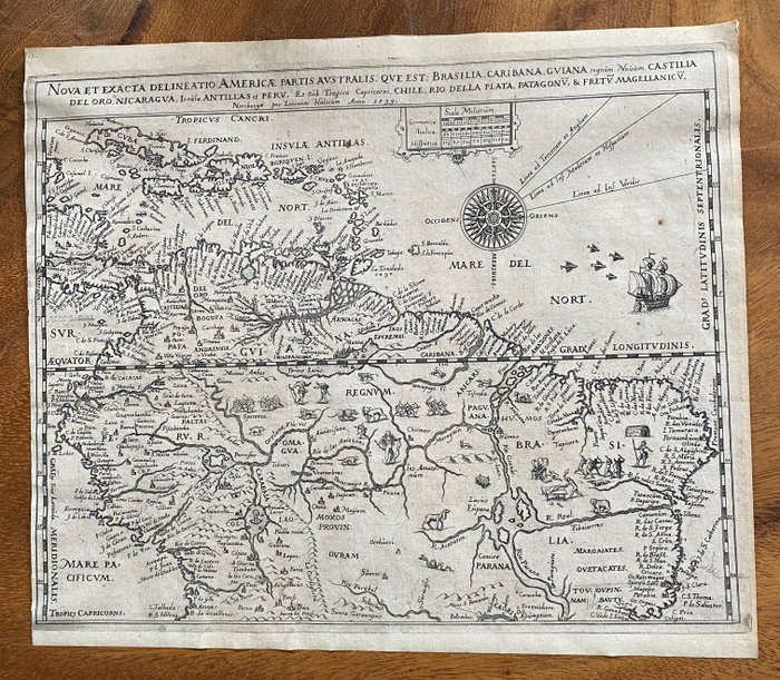 Αμερική, Χάρτης - Νότια Αμερική / Βραζιλία / Κούβα / Περού / Καραϊβική / Νικαράγουα; Levinus Hulsius - Nova et exacta delineatio Americae Partis Australis. Que est: Brasilia, Caribana, Guiana regnum - 1581-1600