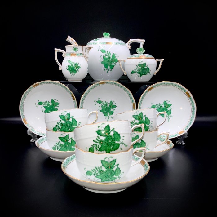 Herend - Exquisite Tea Set for 6 Persons (15 pcs) - "Chinese Bouquet Apponyi Green" - Theeservies - Handgeschilderd porselein