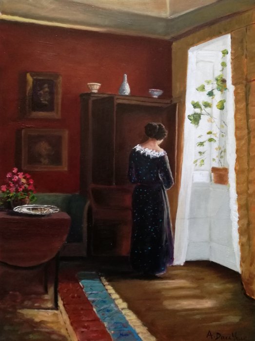 A. Della Valle (XX), da Carl Vilhelm - Interno con dama alla finestra
