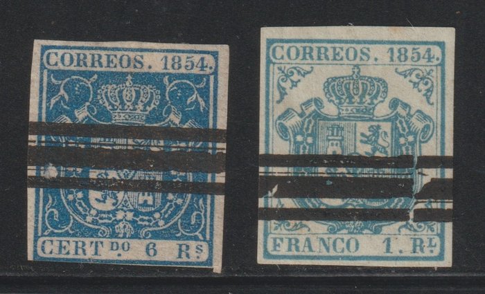 Espagne et colonies 1854/1854 - Espagne 1854 edifil 27 et 34A barrés - edifil 27/34a