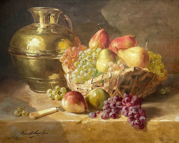 Alfred Arthur Brunel de Neuville (1852-1941) - Stilleven met koperen schenkkan en fruit