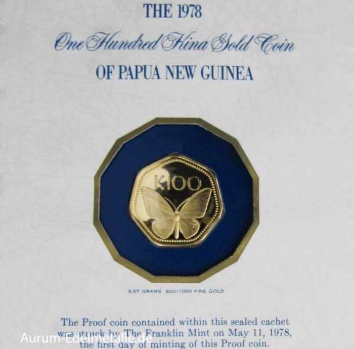 Papua-Uusi-Guinea. 100 Kina Schmetterling 1978 mit Zertifikat in versiegeltem Cachet