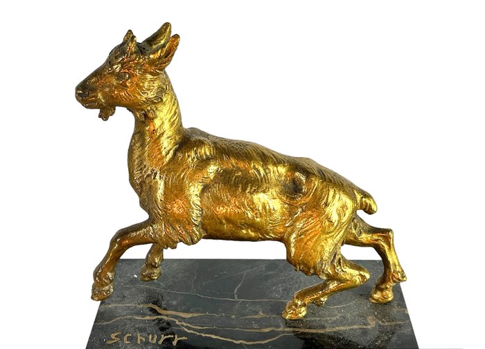 Skulptur, Cabri ou chèvre - 14 cm - Bronze (vergoldet), Marmor