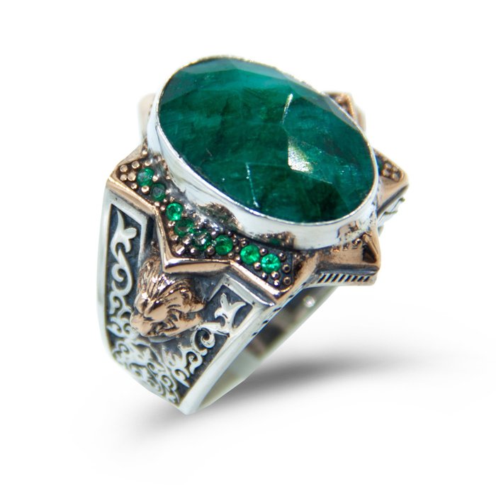 Ohne Mindestpreis - Silver Ring With Emerald Stone Ring - Silber Smaragd 
