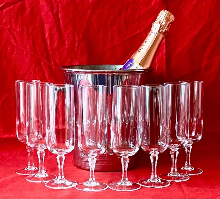 Cristal de Lorraine, André Leroy - 饮料用具 (9) - 8 个香槟杯、香槟冷却器的服务 - 水晶, 银盘