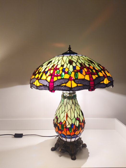 Lampe - Tiffany style - XL - 65 cm - Dragonflies - Glas (farvet glas), Messing