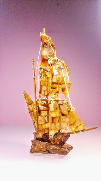 Bursztyn bałtycki - B - Hand made Vintage sailboat - Boat - 14 cm - 8 cm