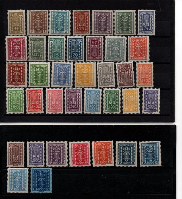 Austria 1922/1922 - Serie completa de sellos postales de grano y oreja hasta 4000 coronas completamente nuevos, sin - Katalognummer 360-397