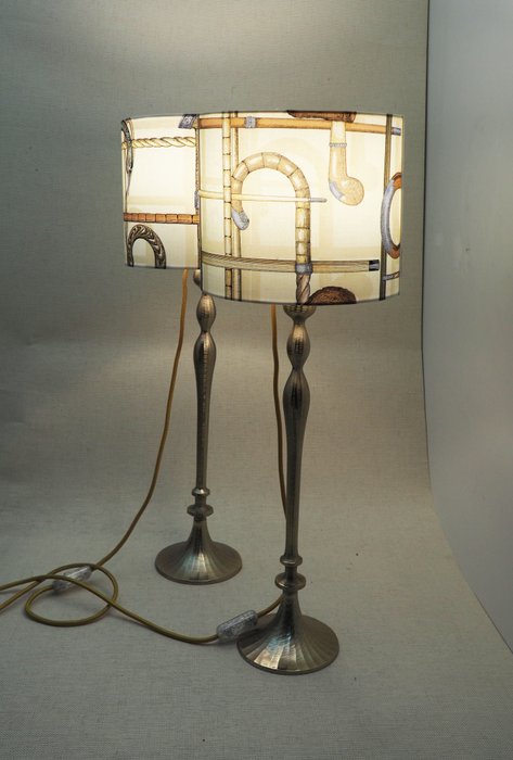 Set of candlestick lamps/shadows  Fornasetti fabric"Bastoni" - 燈 - 紡織品, 金屬