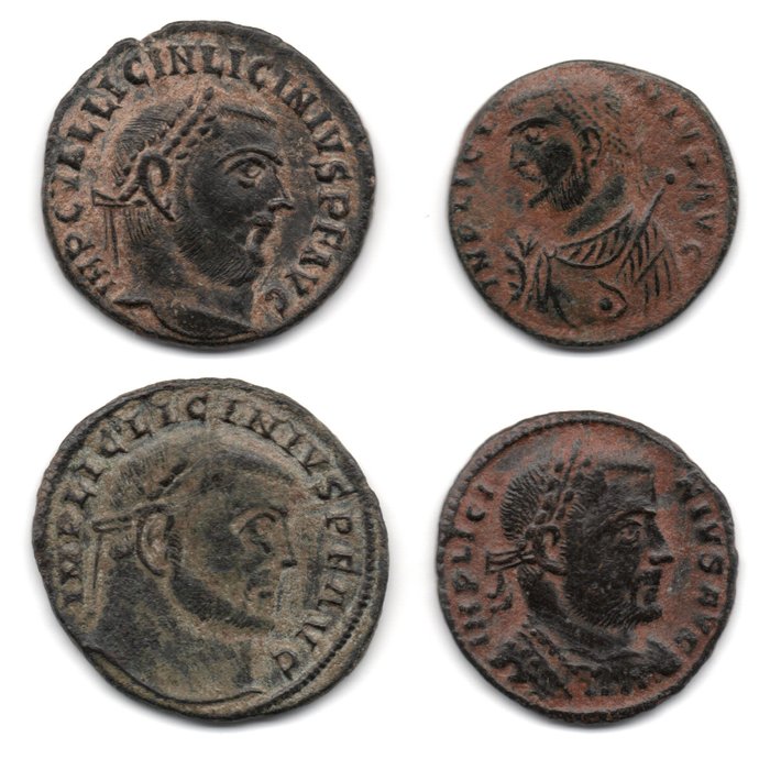 Roman Empire. Licinius I (AD 308-324). Lot of 4 Folles from Antioch, Siscia, Cyzicus and Thessalonica mints. Some reverses are scarce