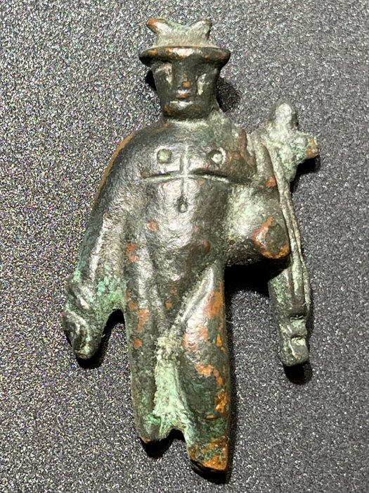 Oud-Romeins Brons Beeldje van Mercurius de ''Boodschapper'', God van Handel en Diefstal. Ex Rudolf Rack collectie