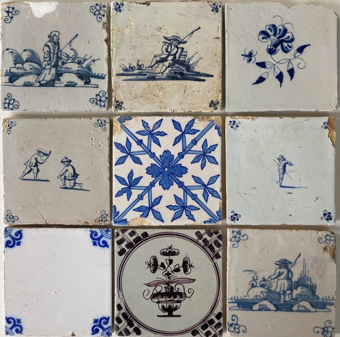 瓦 - 代尔夫特蓝色瓷砖，配有儿童游戏、弗里斯兰鲜花和三朵郁金香（免费出价） - 1600-1650年 