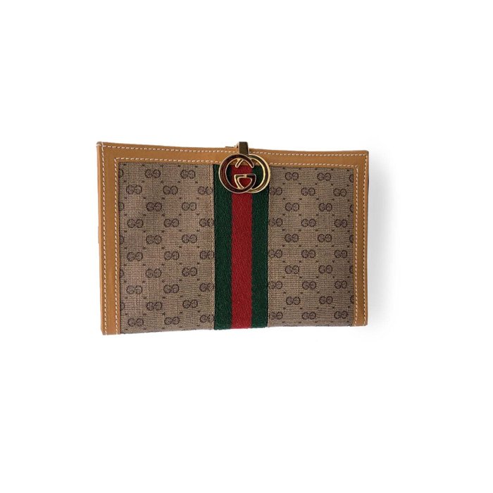 Gucci - Vintage Beige Monogram Wallet Checkbook with Stripes - 女士钱包