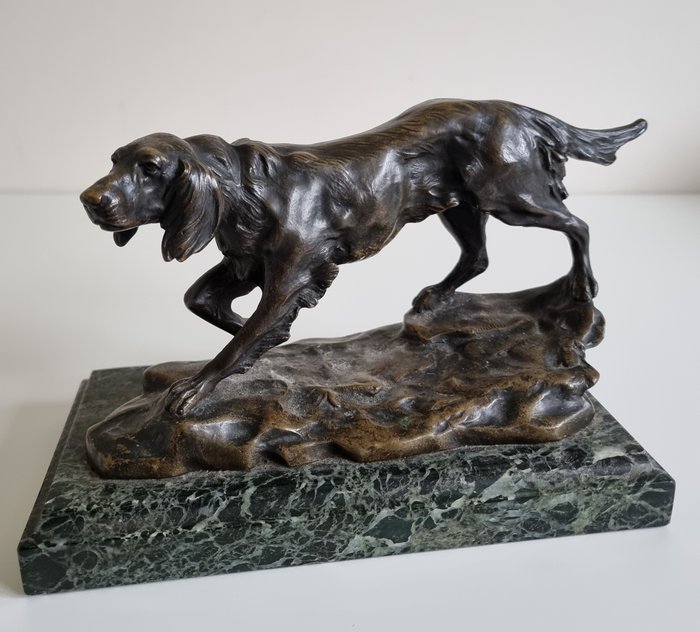 Naar Antoine-Louis Barye (1796-1875) - Beeld, Jachthond - Spaniel - 15 cm - Gepatineerd brons