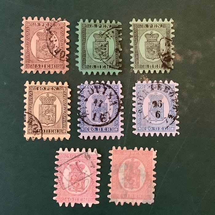 Finlandia 1866 - Serpentyny: 8 znaczków w perforacji B - Michel 5B/9B