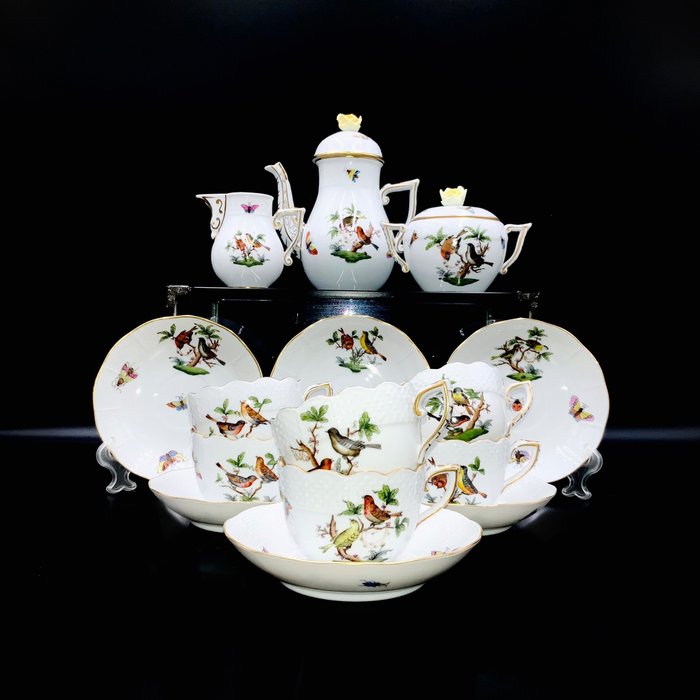 Herend - Exquisite Coffee Set for 6 Persons (15 pcs) - "Rothschild Bird" Pattern - Service à café - Porcelaine peinte à la main