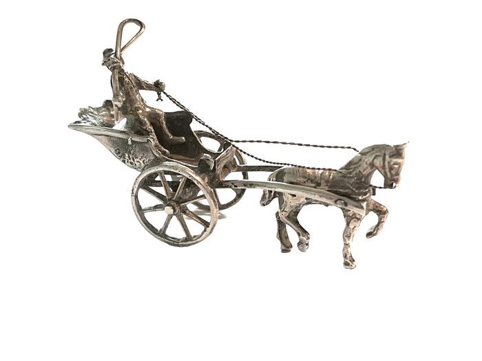 Hollandse zilveren miniatuur koets met paard - Estatueta miniatura -  (1) - Prata