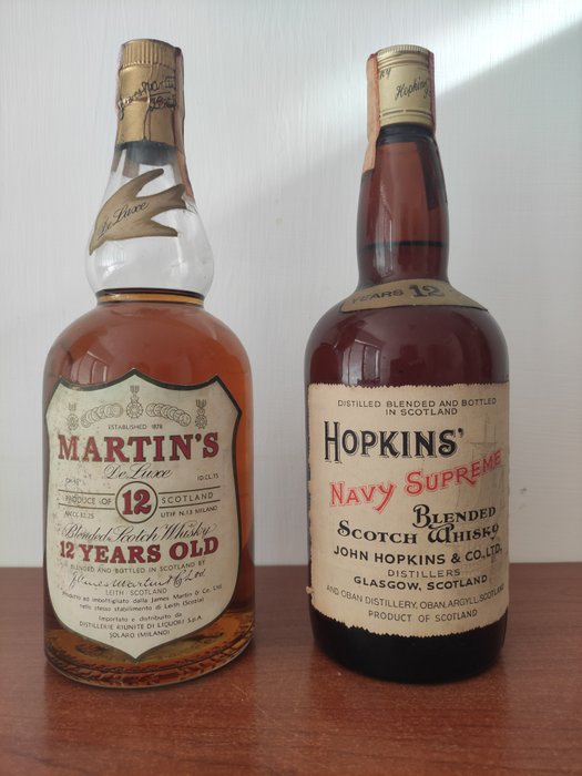James Martin's 12 years old + Hopinks Navy Supreme 12 years old 12 years old  - b. Δεκαετία του 1960, Δεκαετία του 1970 - 75cl - 2 bottles